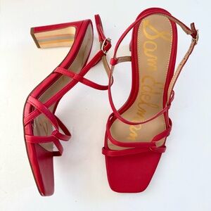 Sam Edelman Emmie Strappy Leather Heels Sandals Red Block Heel Square Toe